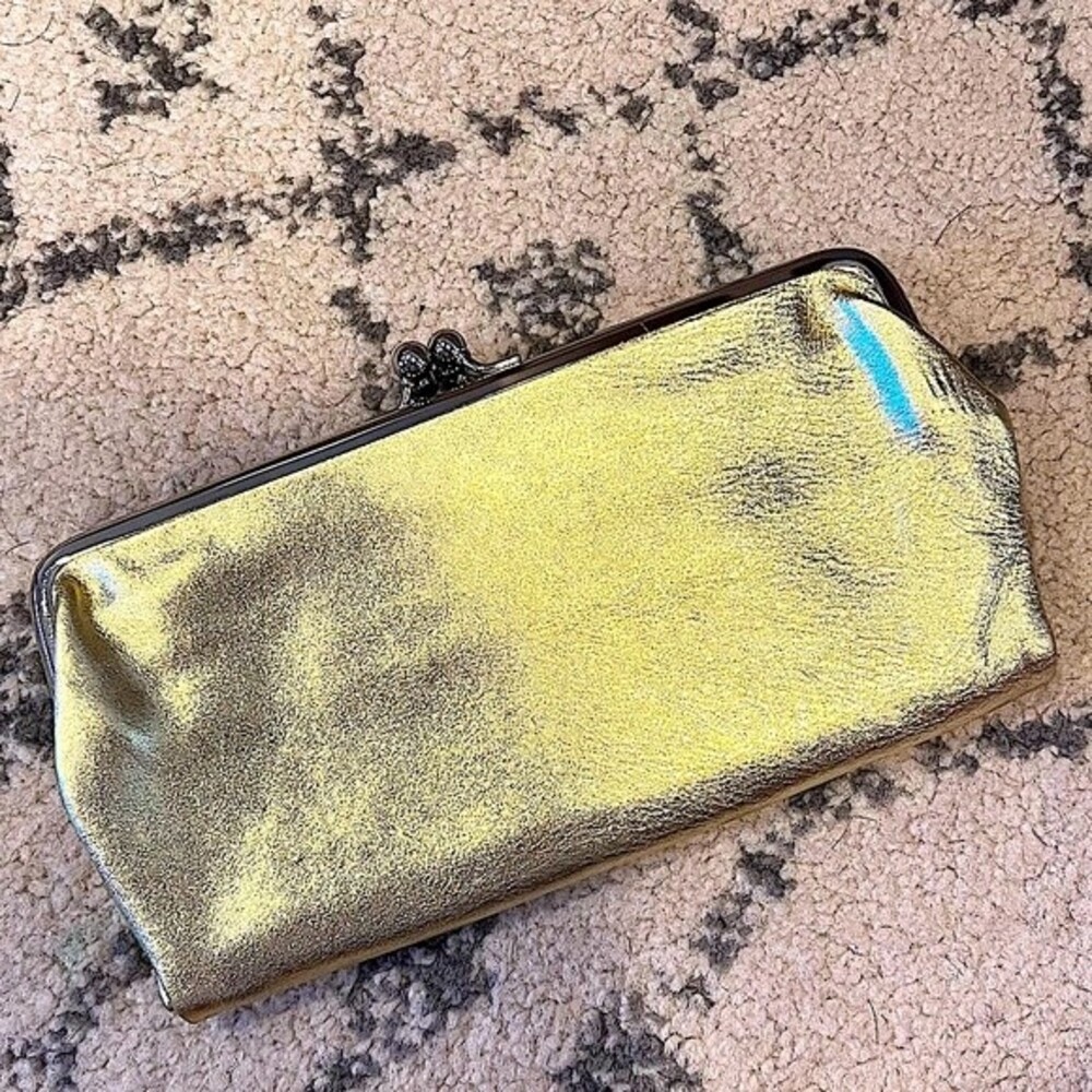 Gold Leather Twist Top Clutch